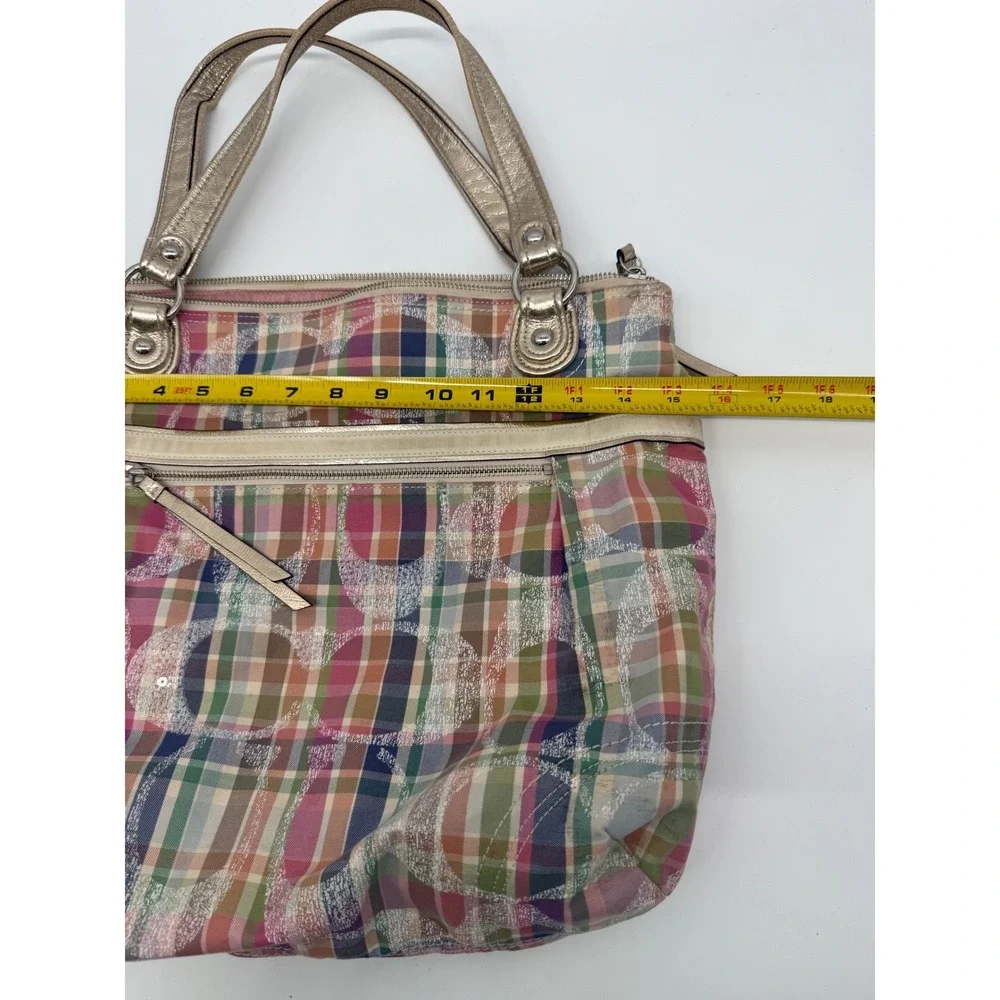 Coach 19611 Madras Signature Sequin Shoulder Tote Bag Pink Pastel Plaid Purse